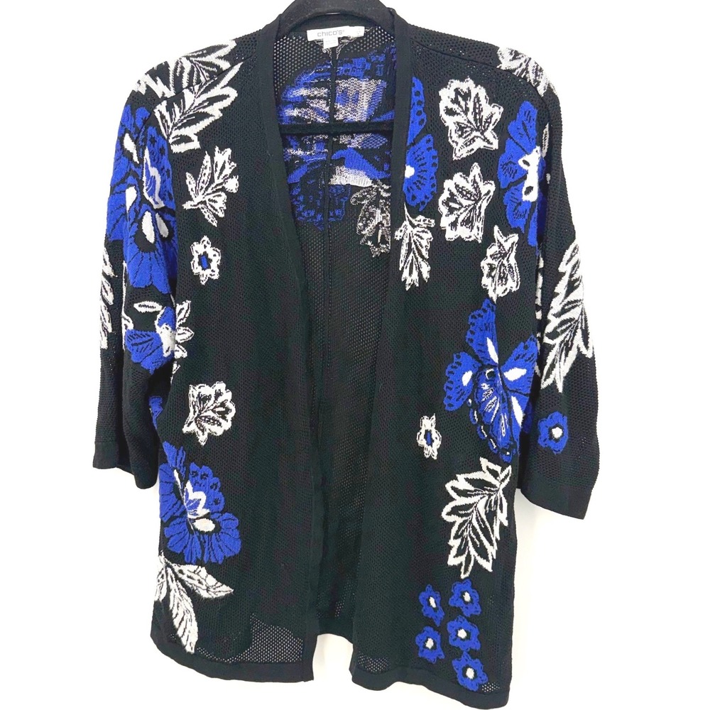 Chico's 1 Black & Blue Floral‎ Mesh Knit Cardigan Whimsigoth Dark Romance Chic